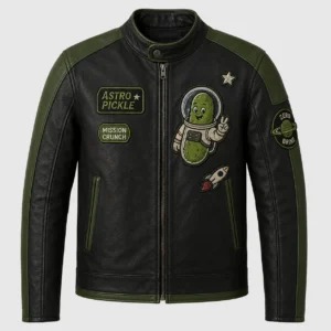 Front flat lay view of men's black leather racer jacket with olive green shoulder and sleeve paneling, zip closure, snap collar, and astronaut pickle patches.