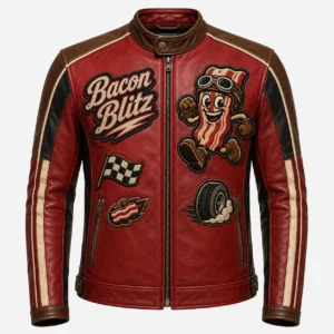 Front view of men's red Bacon Blitz leather racer jacket with checkered flag patch, flaming bacon badge, and zipper pockets.