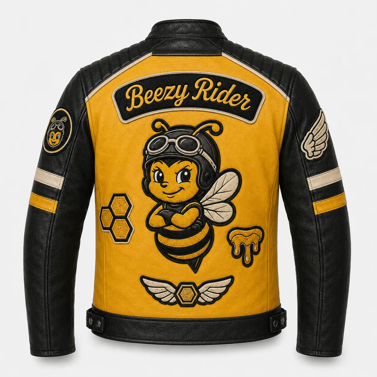 Back view of Beezy Rider leather jacket featuring large aviator bee mascot patch, banner text, and honeycomb graphic.
