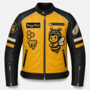 Front view of black and yellow Beezy Rider leather biker jacket with bee patches and snap band collar.