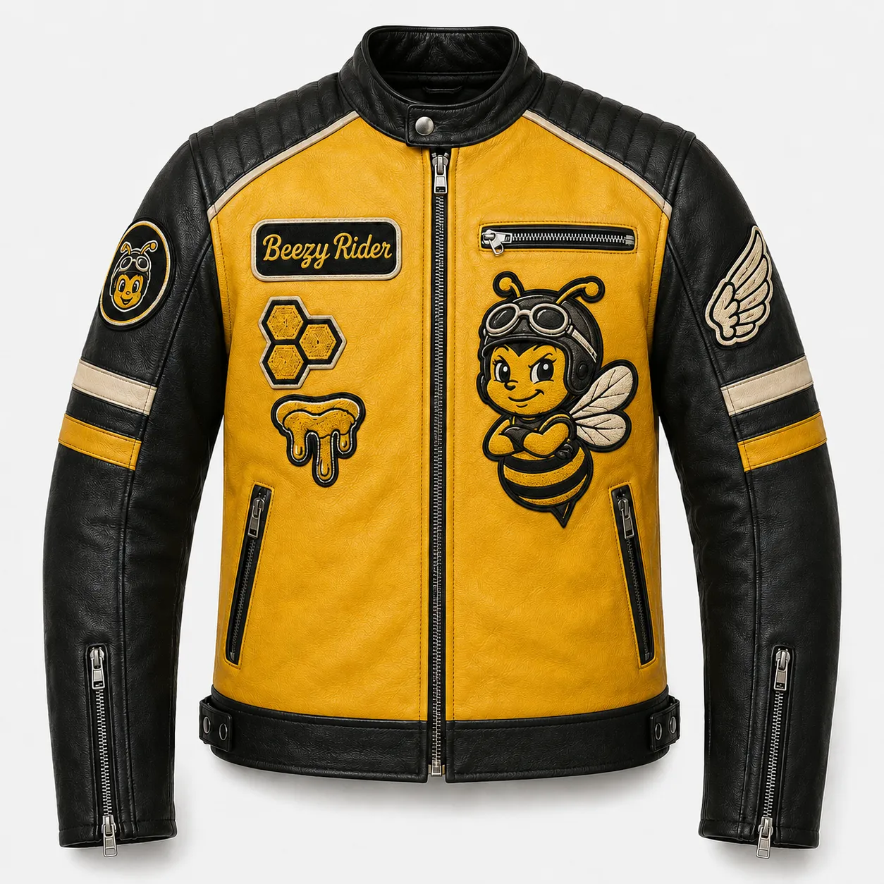 Front view of black and yellow Beezy Rider leather biker jacket with bee patches and snap band collar.
