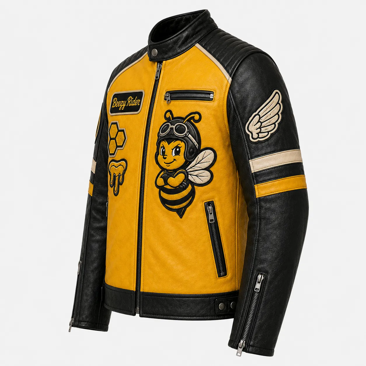 Left three-quarter profile view of Beezy Rider leather biker jacket highlighting winged sleeve patch and aviator bee mascot.