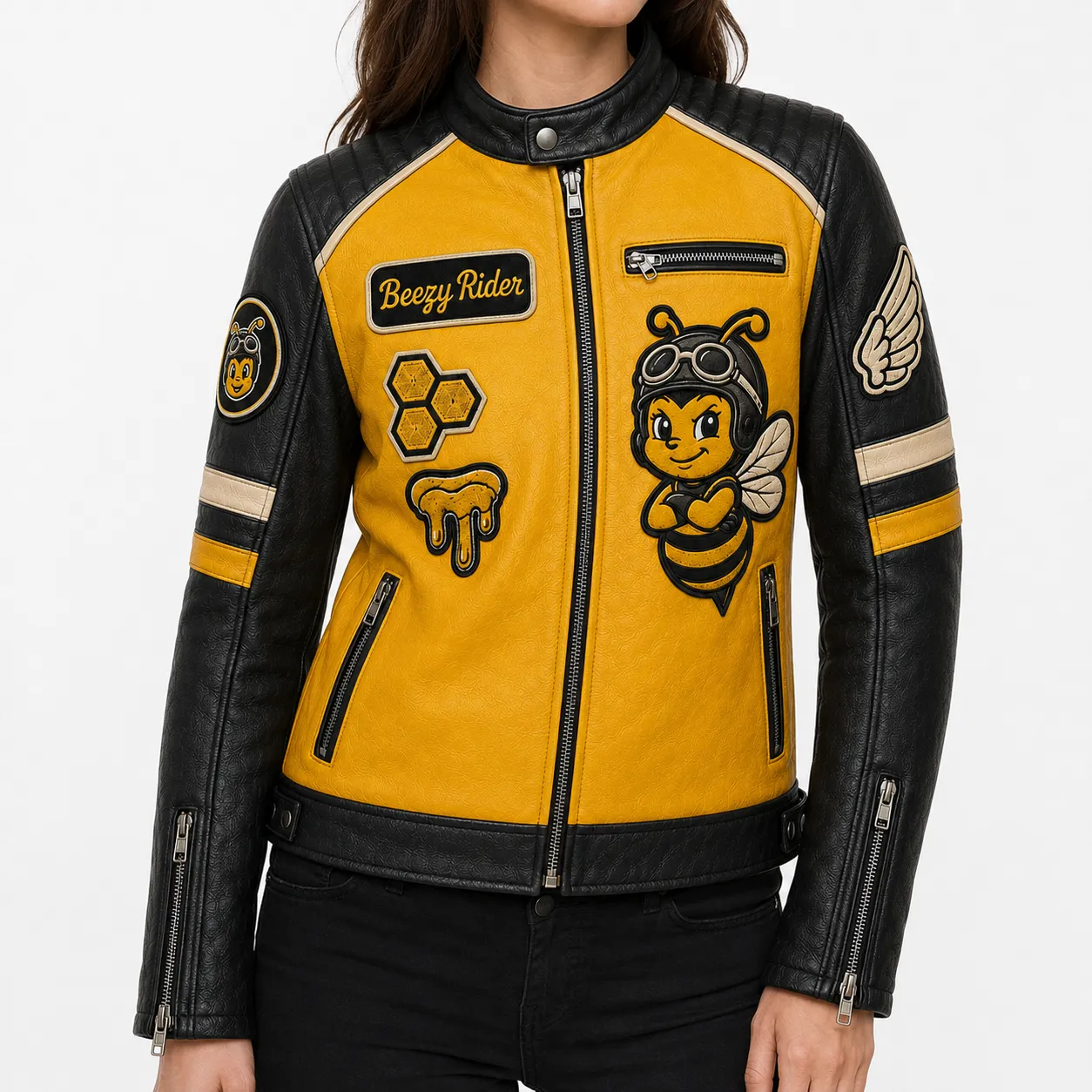 Model wearing black and yellow Beezy Rider motorcycle leather jacket with zippered pockets and sleeve details.