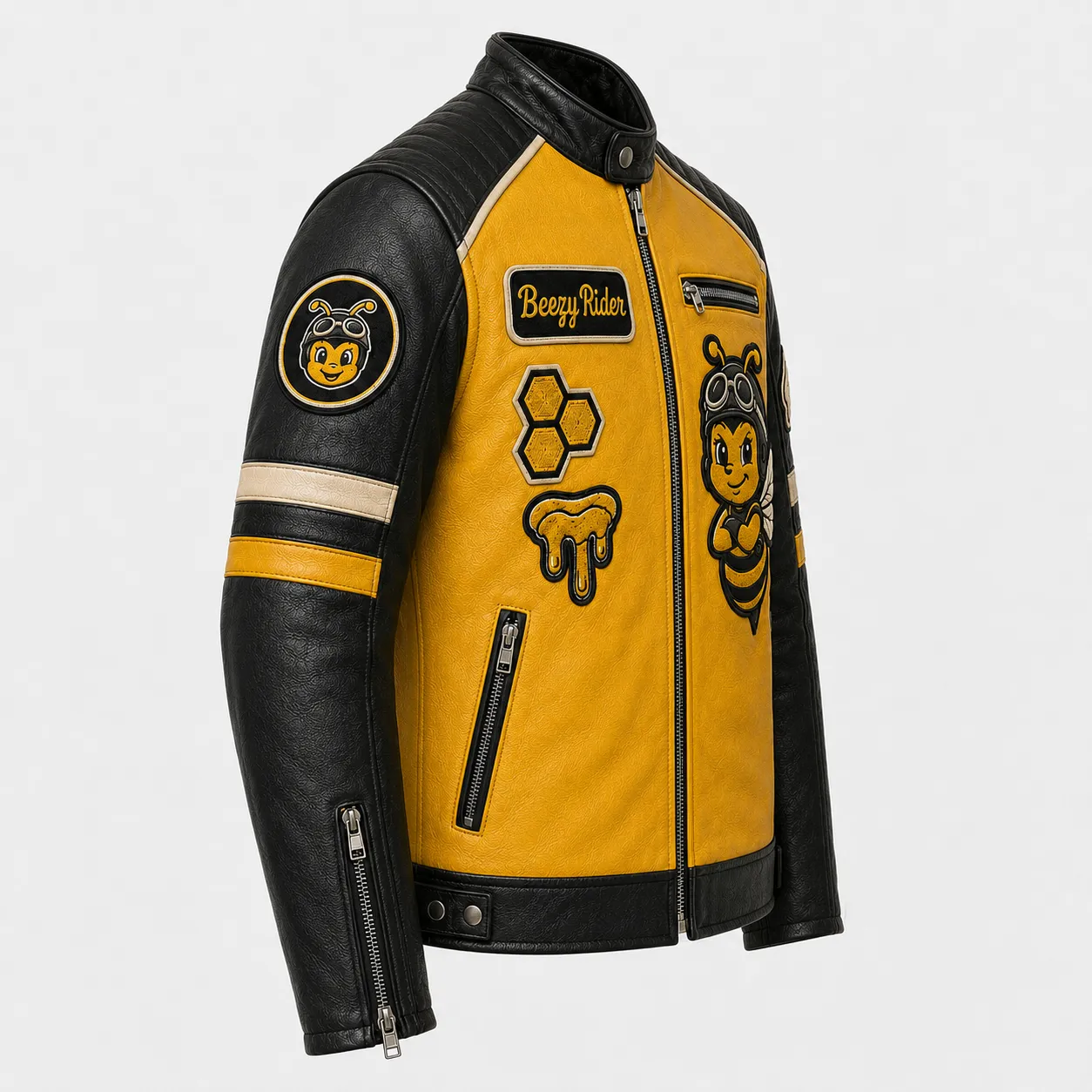 Right three-quarter view of Beezy Rider leather jacket showing circular sleeve badge, zip wrist cuff, and side honeycomb patch.
