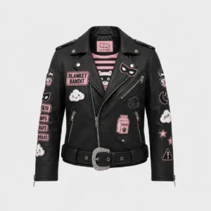 Front view of black leather asymmetric motorcycle jacket with pink Blanket Bandit chest patch, milk carton emblem, and silver buckle waist belt.