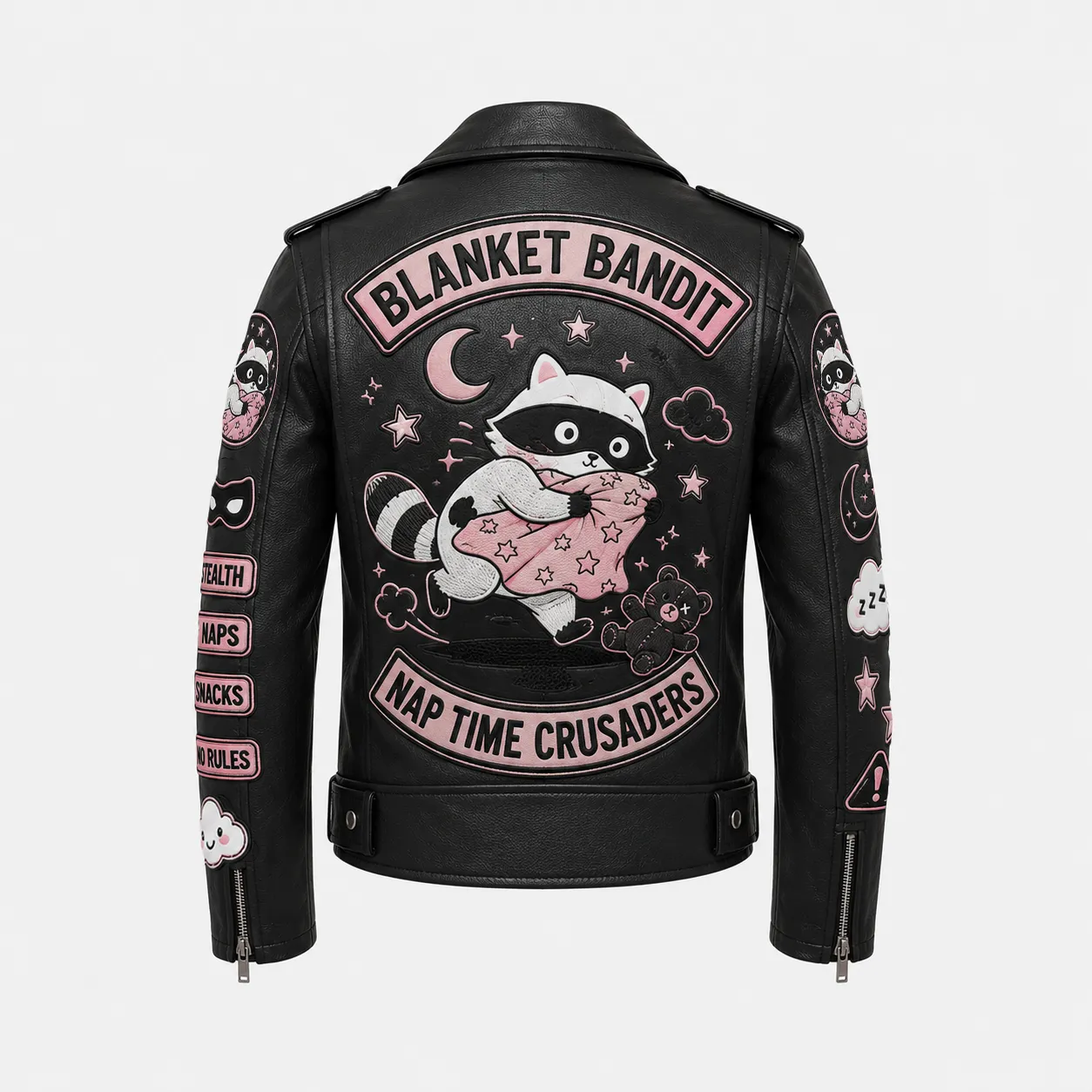 Back view of black leather jacket displaying large pink embroidered raccoon holding a starry blanket with BLANKET BANDIT and NAP TIME CRUSADERS rockers.