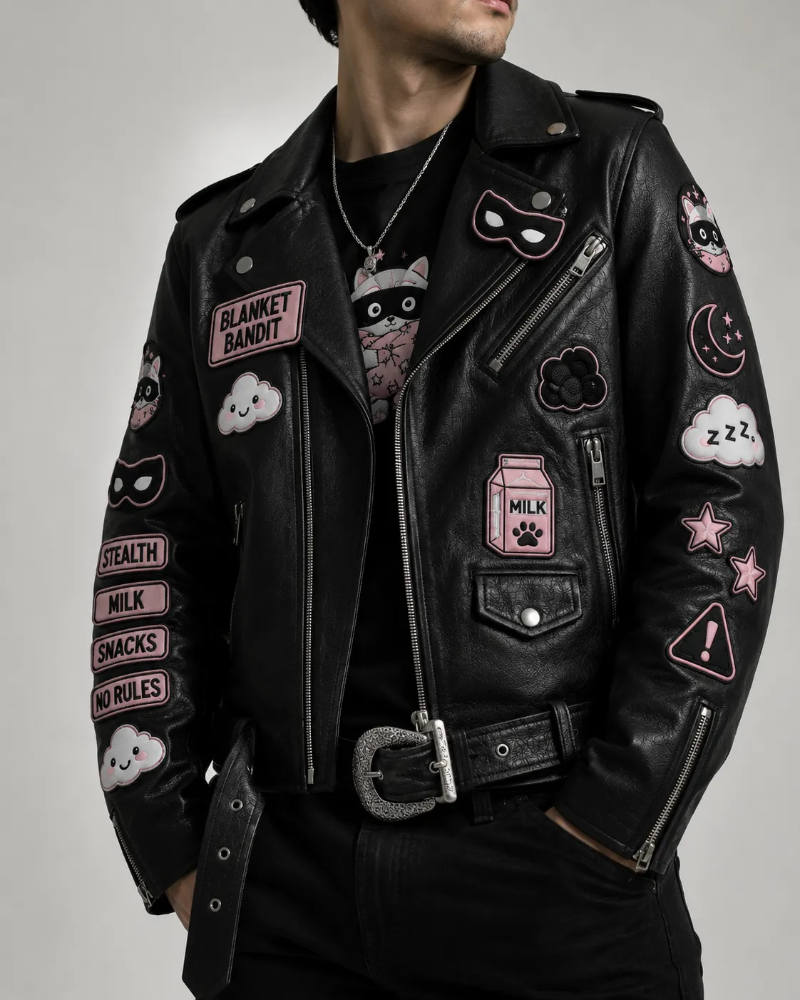 Model wearing black leather moto jacket featuring pink Blanket Bandit chest patch, milk carton graphic, waist belt, and pink sleeve text badges.