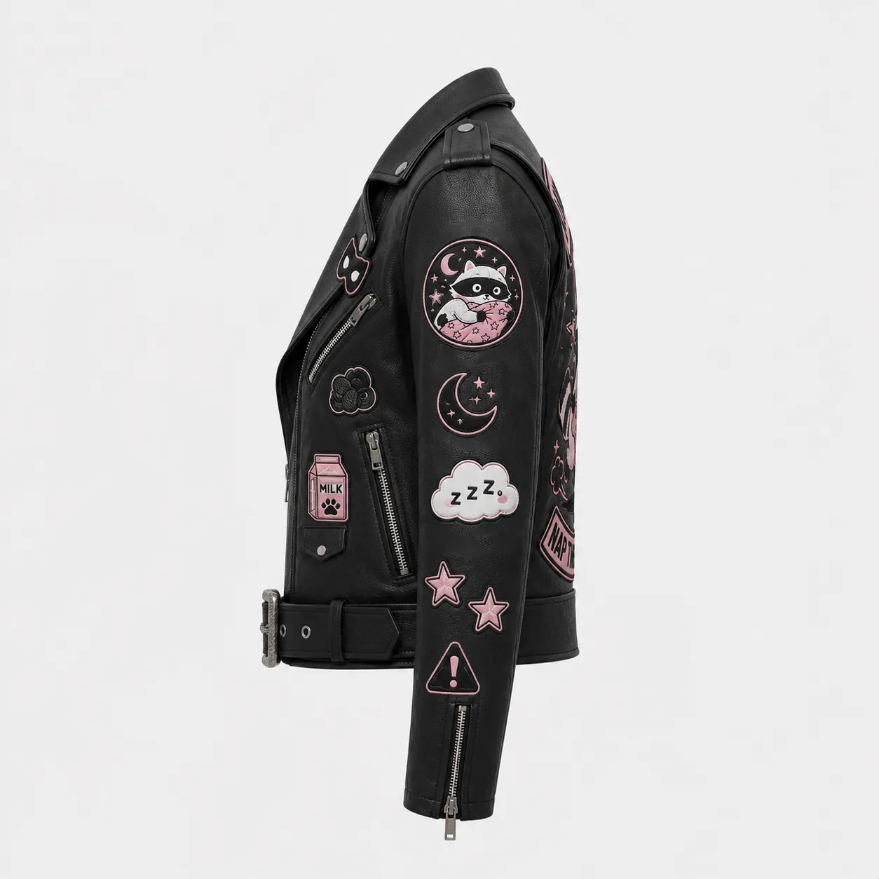 Left side profile of black leather biker jacket showing pink raccoon shoulder patch, crescent moon, sleeping ZZZ cloud graphic, and star patches.
