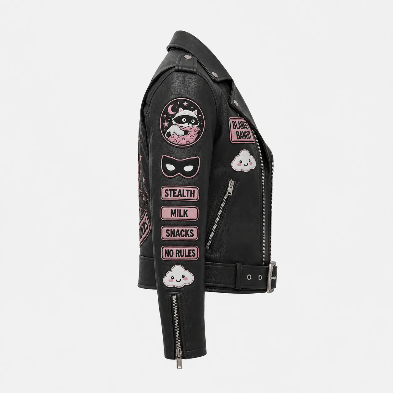 Right side view of black leather jacket featuring pink sleeve patches reading STEALTH, MILK, SNACKS, NO RULES alongside cloud and mask emblems.