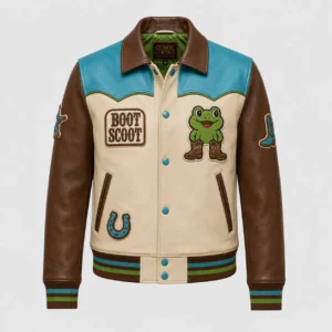 Front view of men's cream and brown Boot Scoot Frog bomber jacket with turquoise yokes and cowboy frog patch.