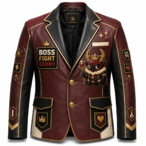 Front view of men's burgundy and black Boss Fight Benny leather blazer with demon mascot patch, gold buttons, and Boss Fight Benny title emblem.