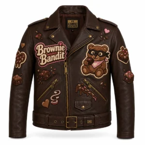 Front view of men's dark chocolate brown leather motorcycle jacket with Brownie Bandit patches, belt, and heart zipper pulls.
