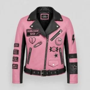 Front view of women's pink and black leather moto jacket with lapel collar, BUBBLEGUM BASH patch, broken heart icon, safety pin graphic, and belted waist.
