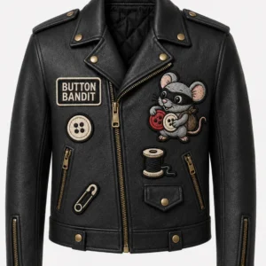 Front view of men's black Button Bandit moto leather jacket featuring mouse bandit patch and button embroidery.