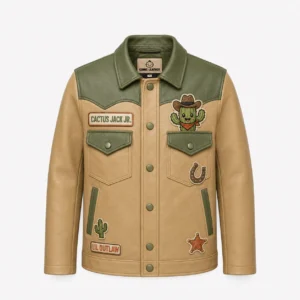 Front view of men's tan Cactus Jack Jr leather jacket with olive green yokes, snap closure, and western patches.