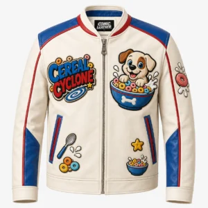 Front view of men's Cereal Cyclone leather jacket featuring off-white body, red piping, and puppy mascot in cereal bowl patch.