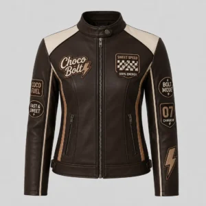 Front view of men's dark brown Choco Bolt café racer leather jacket with racing patches and off-white shoulder panels.