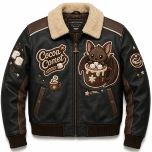 Front view of men's Cocoa Comet leather bomber jacket featuring cream shearling collar, bat in hot chocolate mug patch, and star badges.