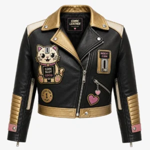 Front view of women's black Coin Slot Coco biker leather jacket featuring Coco lucky cat patch, insert coin slot emblem, and metallic gold ribbed sleeves.