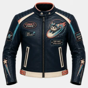 Front view of men's navy blue Comet Coco café racer jacket with space patches and cream racing stripes.