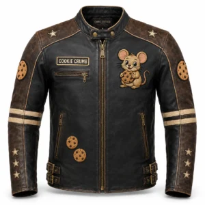 Front view of men's Cookie Crumb black and brown leather moto jacket with mouse holding cookie patch and Cookie Crumb nameplate.