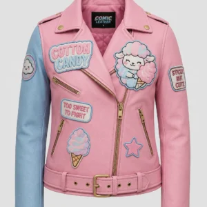 Front view of women's pink Cotton Candy moto leather jacket with blue sleeve and pastel candy patches.