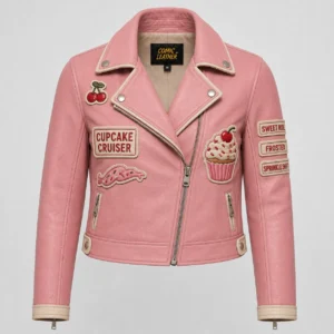 Front view of women's pink Cupcake Cruiser moto patch jacket with asymmetrical zip and sweet-treat patches.