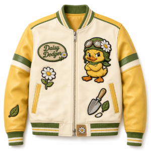 Front view of men's yellow and off-white Daisy Dodger leather varsity jacket with duck mascot patch and daisy graphics.