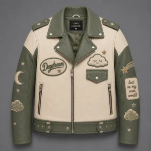 Front view of men's cream and olive green leather biker jacket with Daydream patch, sleeping cloud motif, lapel collar, and star studded waistband.