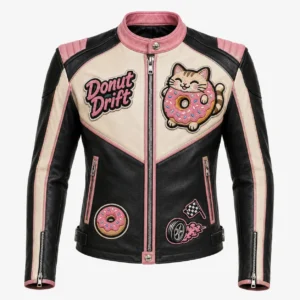 Front view of women's Donut Drift leather café racer jacket featuring cream V-panel, snap collar, and cat donut patch.