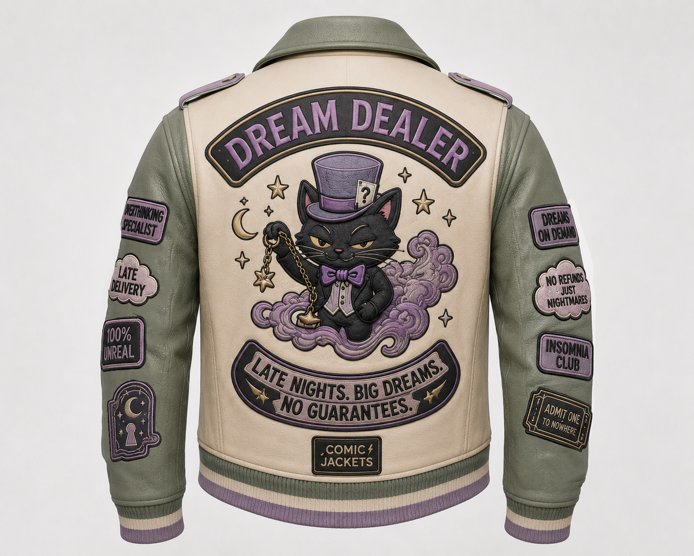 Back view of women's cream leather jacket featuring DREAM DEALER top rocker, black cat in top hat graphic, and LATE NIGHTS BIG DREAMS banner.