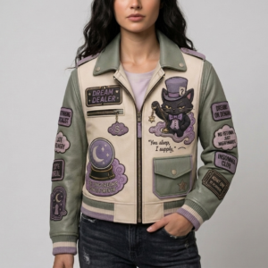 Female model wearing women's Dream Dealer bomber leather jacket with sage green sleeves, lavender striped ribbed hem, and whimsical cat graphic.