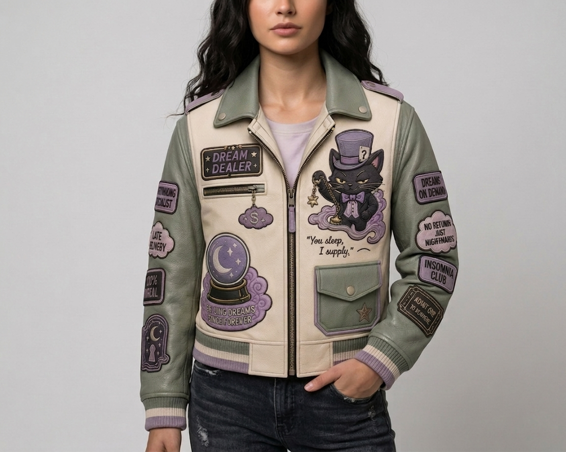 Female model wearing women's Dream Dealer bomber leather jacket with sage green sleeves, lavender striped ribbed hem, and whimsical cat graphic.