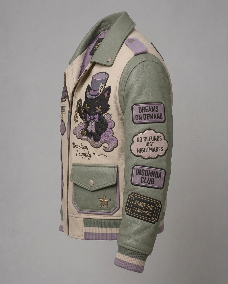 Left side profile view showing sage green leather sleeve with DREAMS ON DEMAND, NO REFUNDS JUST NIGHTMARES, and INSOMNIA CLUB patch badges.