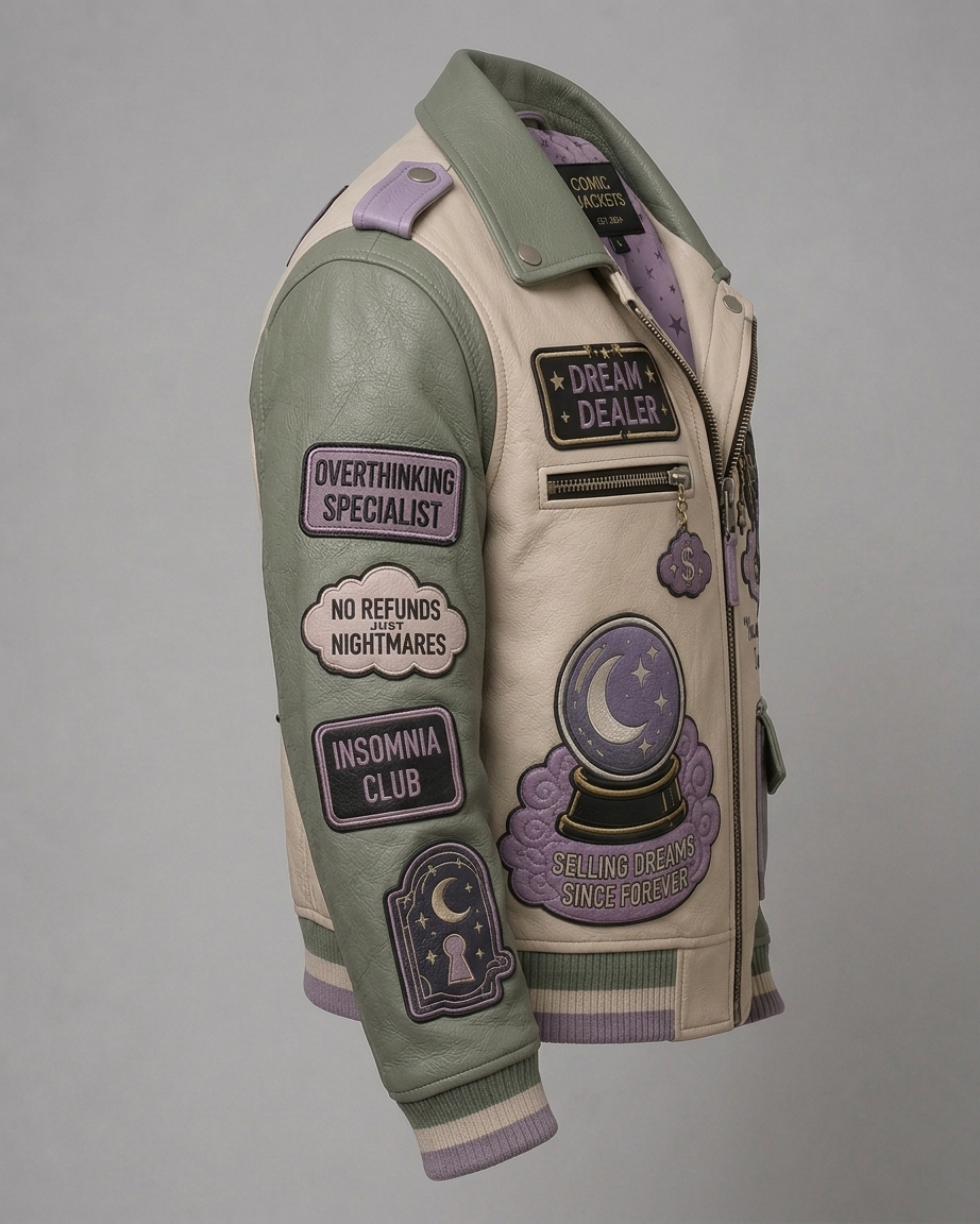 Right side profile view of cream and sage green leather jacket displaying OVERTHINKING SPECIALIST patch and crystal ball SELLING DREAMS graphic.