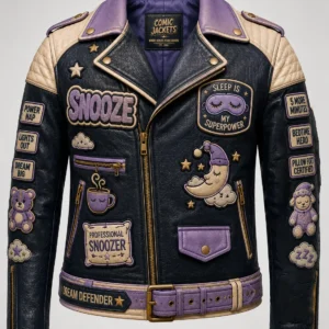 Front view of navy and purple leather moto jacket with SNOOZE, Sleep Is My Superpower, and Professional Snoozer patches, purple lapels, and quilted cream shoulders.