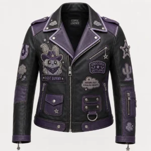 Front view of women's Dust Bunny leather moto jacket featuring purple trim, cowboy rabbit patch, and D-ring utility strap.