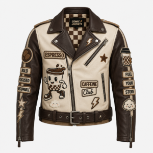 Front flat lay view of men's cream and brown leather moto jacket with checkered inner lining, ESPRESSO badge, CAFFEINE Club patch, and cartoon mascot.