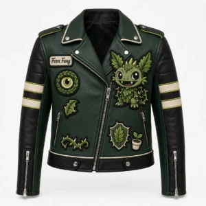 Front view of men's green Fern Fang asymmetric moto leather jacket with leafy dragon mascot and botanical patches.