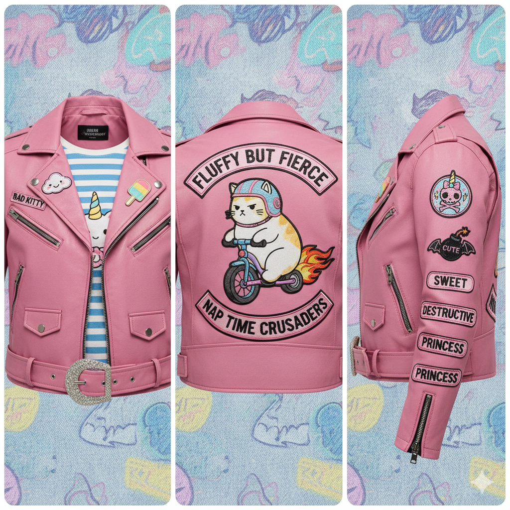 Three-panel product view displaying front, back, and sleeve profile details of women's pink leather Fluffy Fierce moto patch jacket.