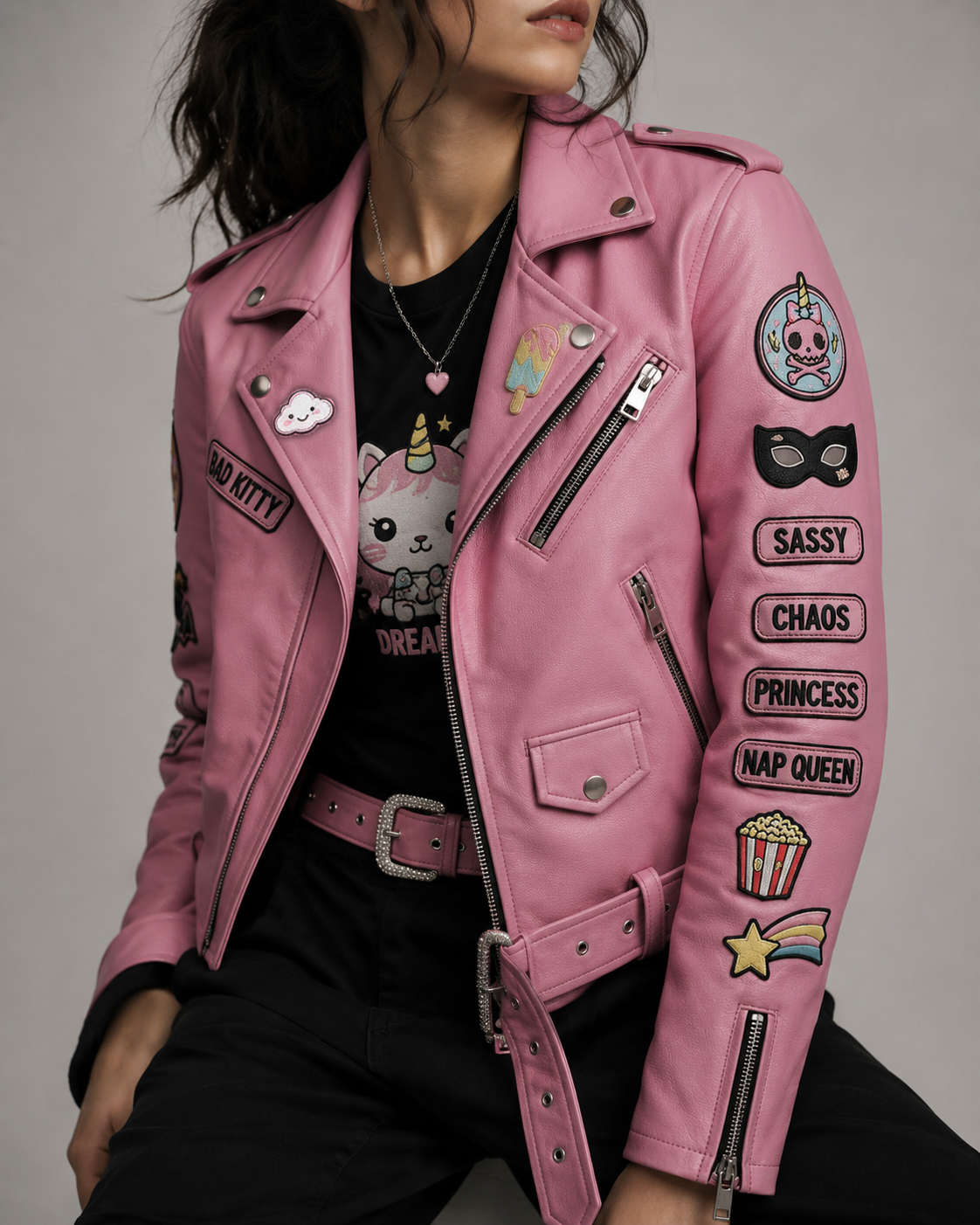Female model wearing women's pink leather biker jacket with BAD KITTY lapel patch, cloud pins, sleeve patches, and studded waist belt.