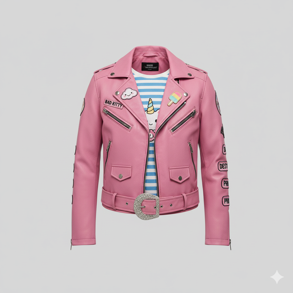 Front view of women's pink leather biker jacket featuring lapel collar, zip pockets, BAD KITTY patch, popsicle icon, and glitter buckle waist belt.