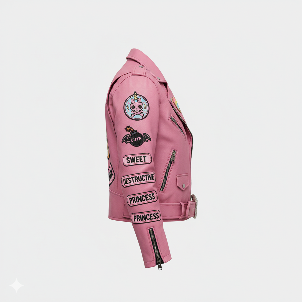 Right side profile view showing pink leather sleeve adorned with unicorn skull patch, bat bomb icon, and SWEET, DESTRUCTIVE, PRINCESS patches.