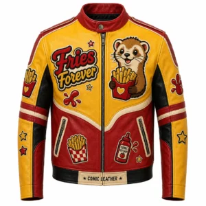 Front view of men's Fries Forever yellow and red leather jacket featuring otter mascot and ketchup bottle patch.