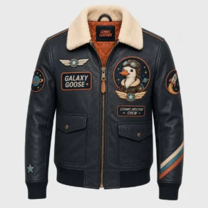 Front flat lay view of men's dark navy leather aviator jacket with cream shearling collar, orange quilted interior lining, zip closure, and cosmic aviator patches.