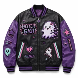 Front view of black and purple Glitch Gigi bomber leather jacket featuring ghost mascot patch, Glitch Gigi title emblem, and pixel art patches.