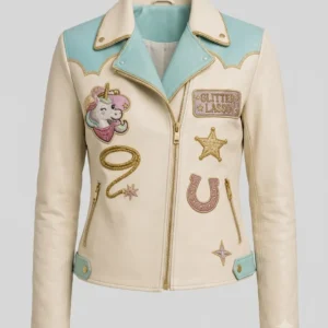 Front view of women's cream Glitter Lasso moto leather jacket with sky blue yokes, gold hardware, and unicorn cowgirl patches.