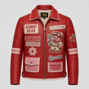 Front view of men's red Gummy Gear Bear leather jacket with mechanic patches and cream trim.