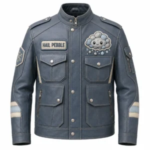 Front view of men's slate blue Hail Pebble field leather jacket with four cargo pockets, Pebble hail cloud mascot patch, and Hail Pebble emblem.