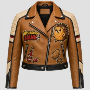 Front view of men's Hashbrown Hank cognac tan leather biker jacket with asymmetric zip and cream sleeve panels.